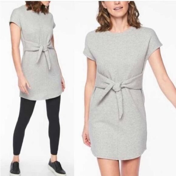 Athleta Embrace Sweatshirt Short Sleeve Dress Tunic Tie Front Heather Grey Sz S - Picture 1 of 14
